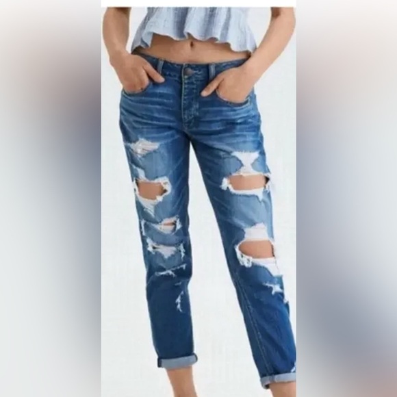 American Eagle Tom Girl button fly distressed medium wash denim jeans Sz-2R U14 - Picture 1 of 10